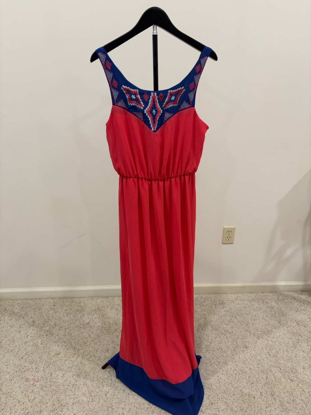 Women’s pink Maxi Dress with Blue Embroidered Yoke